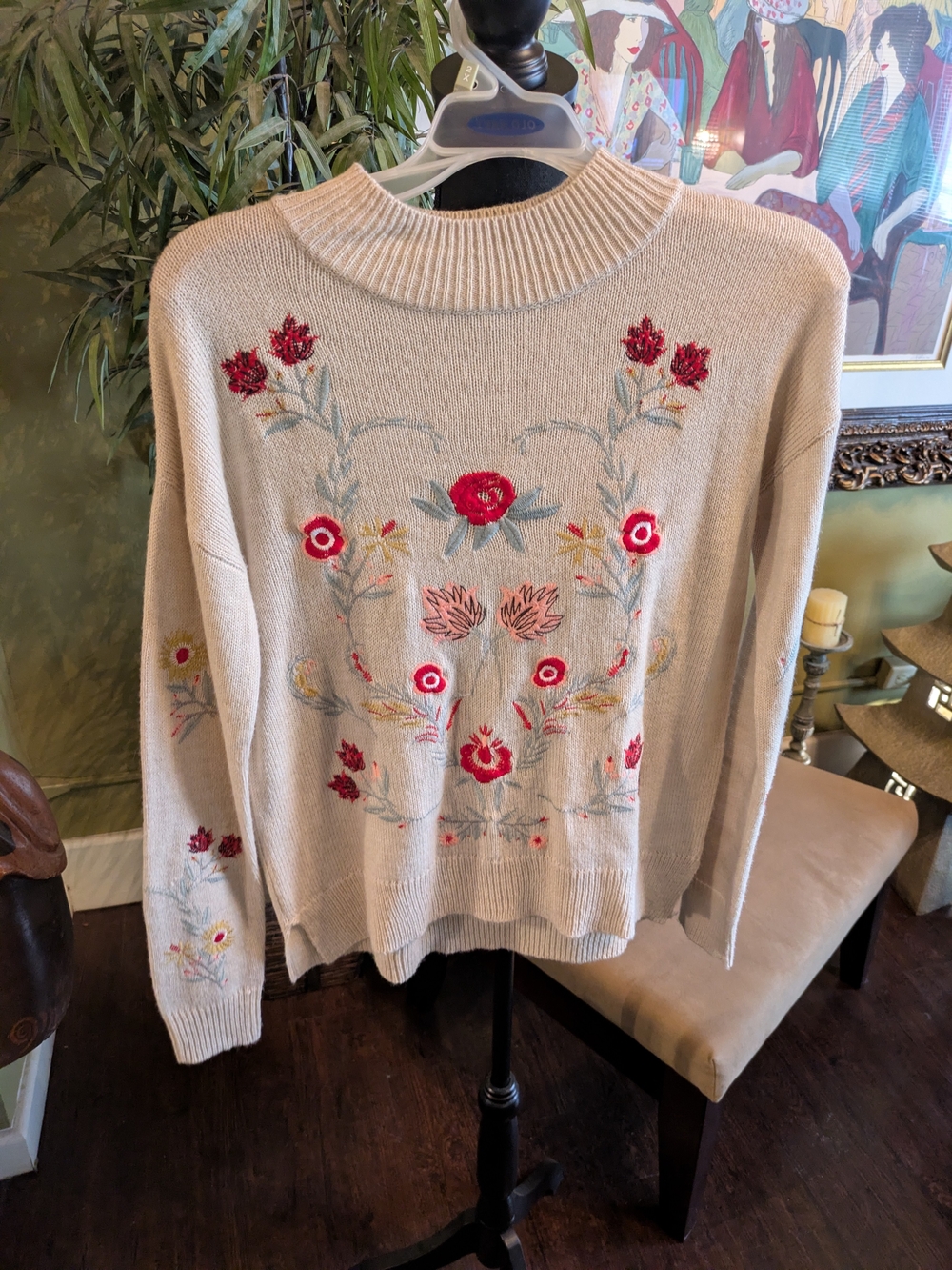 Grandma Sweater Embroidered Floral  Sweater in Beige